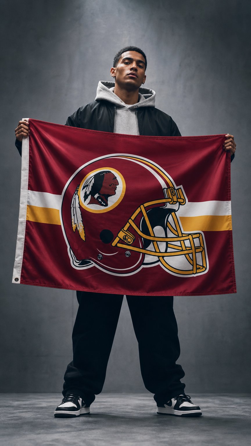 AI product shot of Washington Redskins Helmet & Stripe Flag D-Rings 3×5 FT