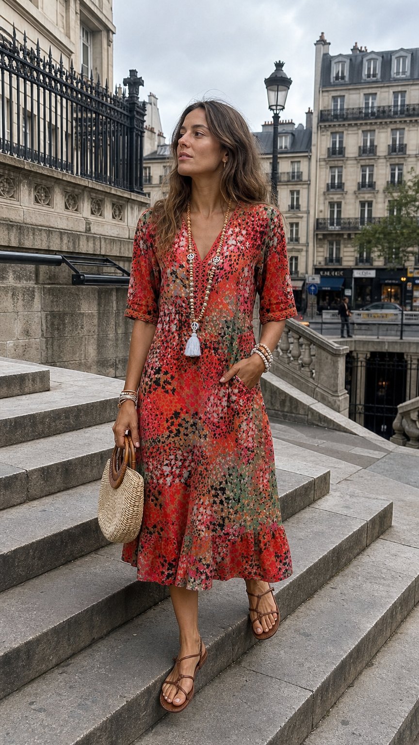 AI product shot of Cotton Knee-Length Dress Summer Elegant Floral Pattern V-Neck Shift Sun Dress