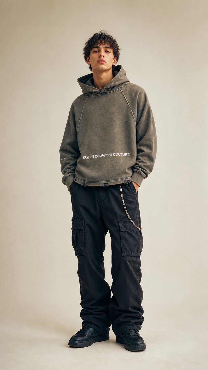 AI product shot of Queer Counter Culture Brand Vintage Washed Frayed-Hem Hoodie