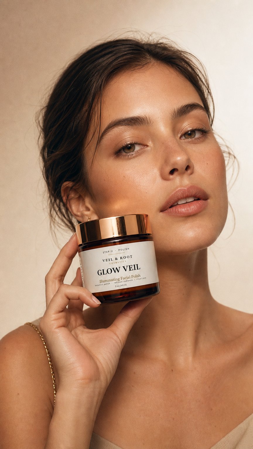 AI product shot of Veil & Root |Glow Veil Facial Polish