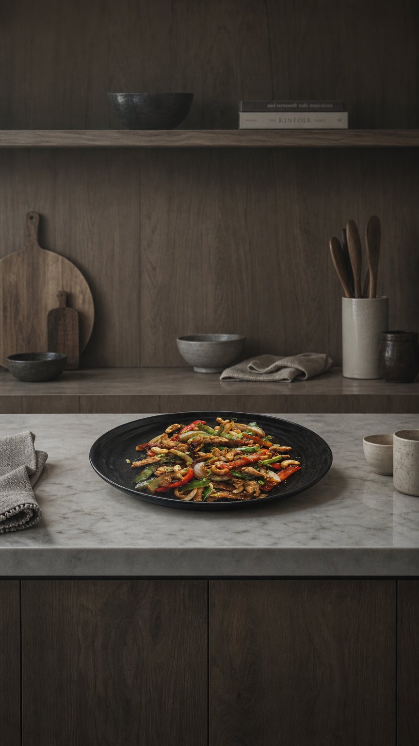 AI product shot of Chicken Cashew opskrift