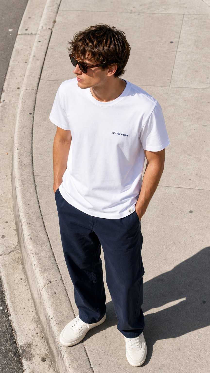 AI product shot of T-shirt côte des basques brodé blanc