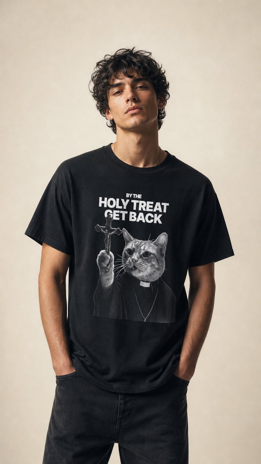 AI product shot of Cat Priest T‑Shirt — “By the Holy Treat I Get Back” Retro Graphic Tee