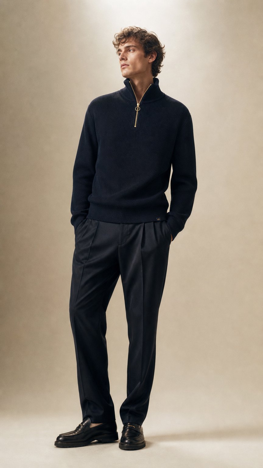 AI product shot of Gebreide Trui met Rits Blauw | Shark Tag Tech Wool