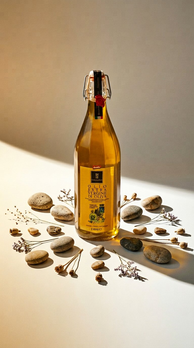 AI product shot of Biodynamic Extra Virgin Olive Oil - 1L Glass Bottle, Cold Pressed Coratina Olives