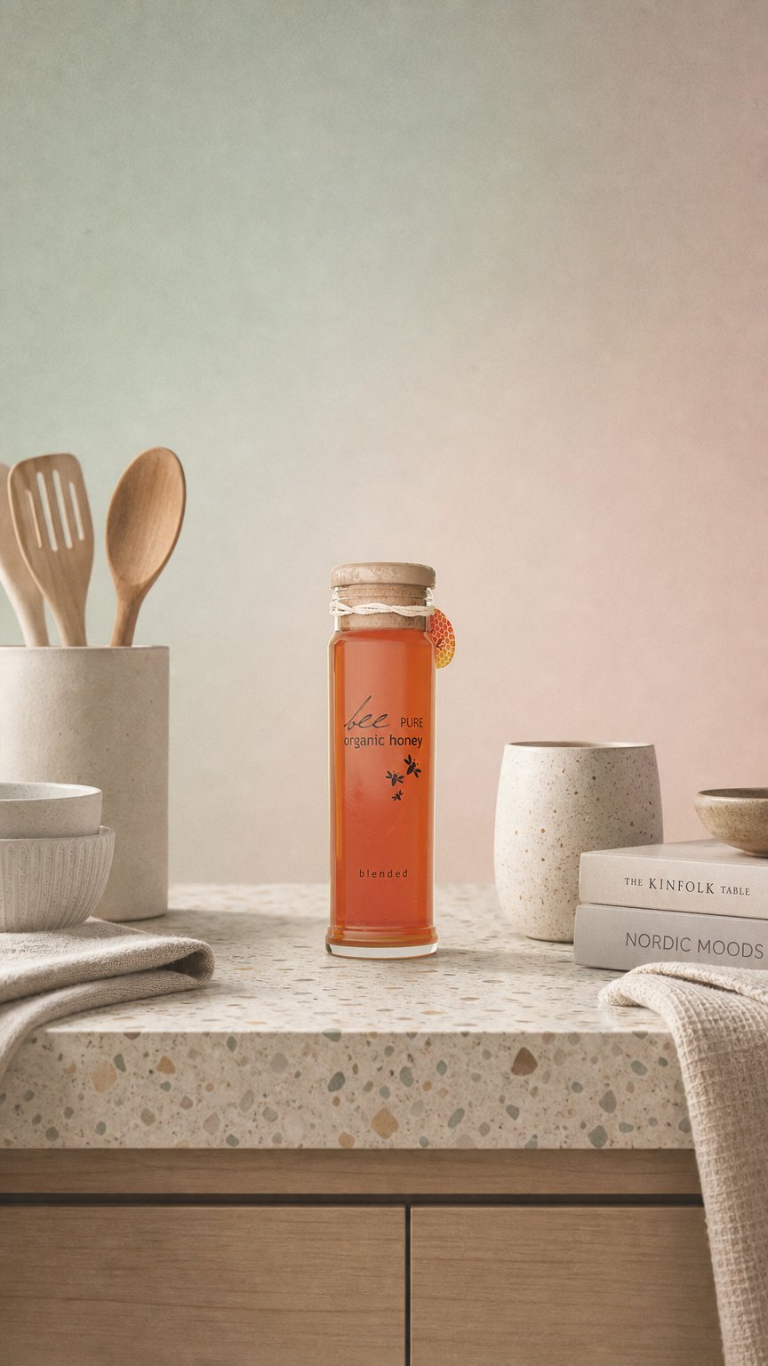 AI product shot of Honey Bottle Design