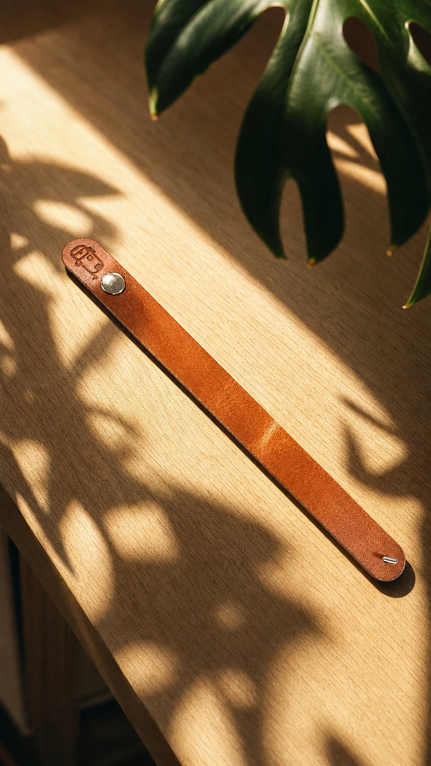 AI product shot of Leather Curtain Strap for Airstream Trailers with Split Bath or Single Curtain