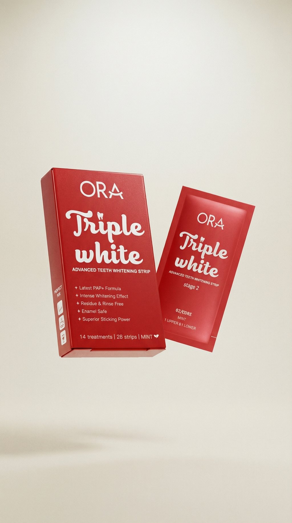 AI product shot of ORA Triple White | Teeth Whitening Strips – Enamel Safe, PAP+ Formula, 14 Treatments