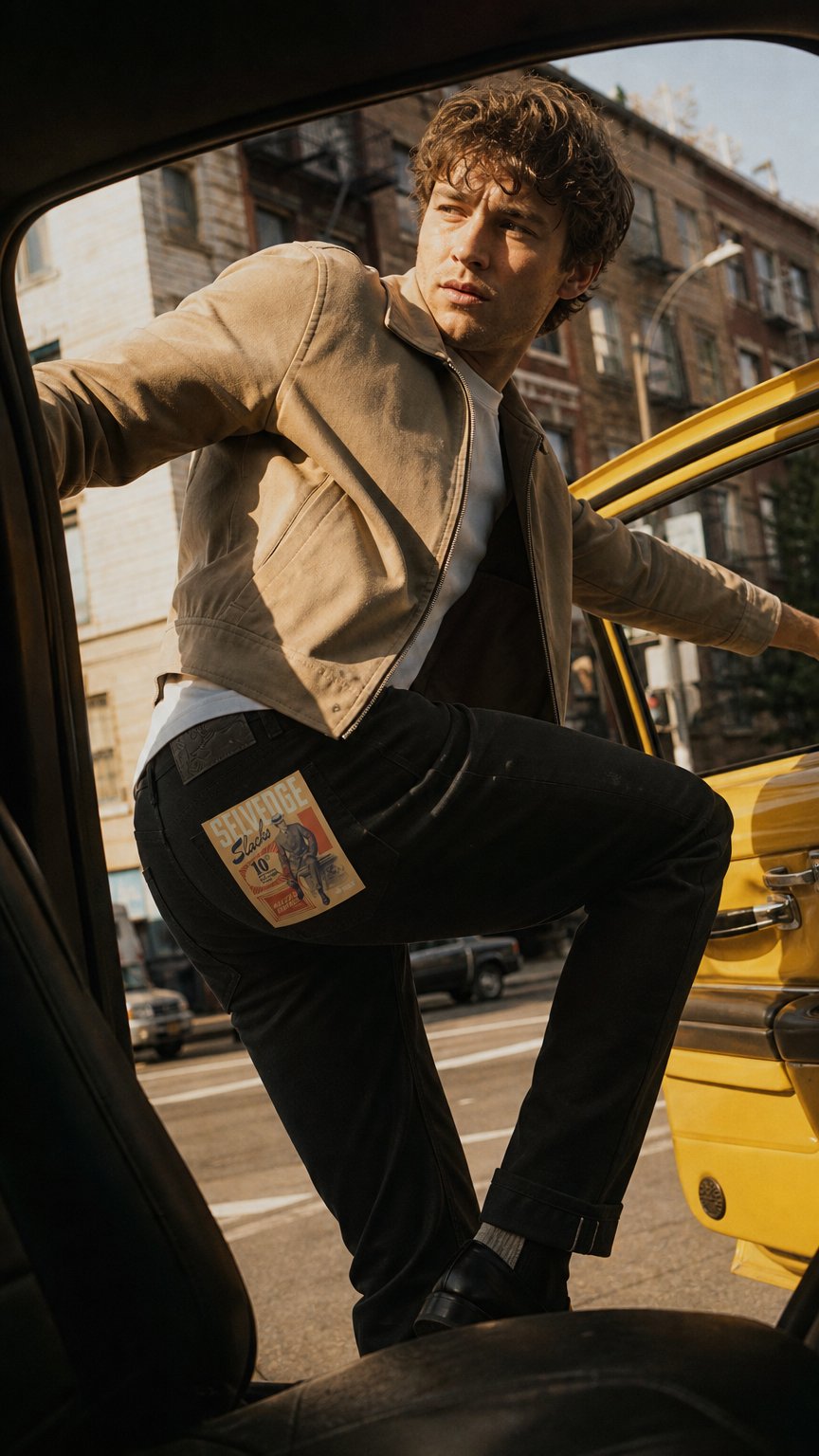 AI product shot of Weird Guy - Selvedge Slacks Black