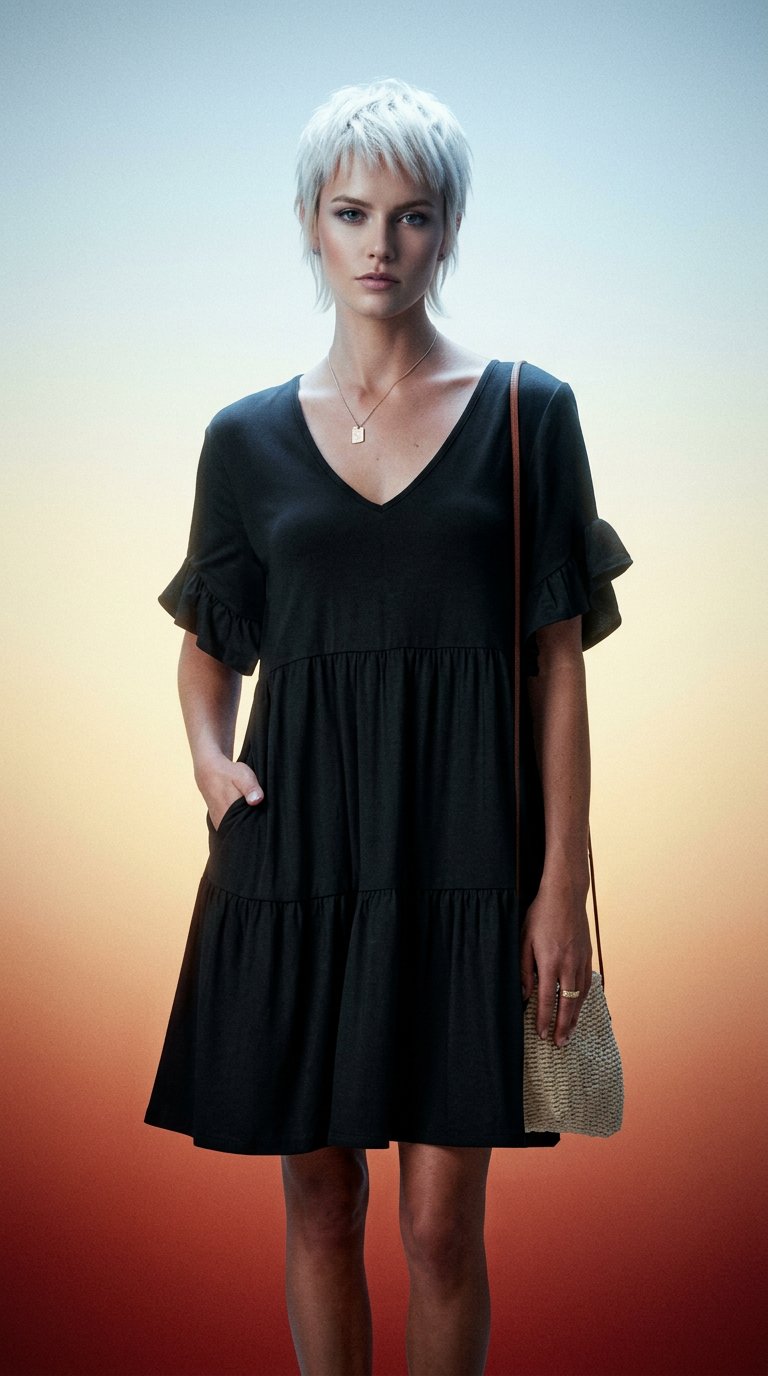AI product shot of ANRABESS Dresses for Women Summer 2026 V Neck Ruffle Sleeve A Line Tiered Flowy Casual Trendy Mini Beach Dress with Pockets