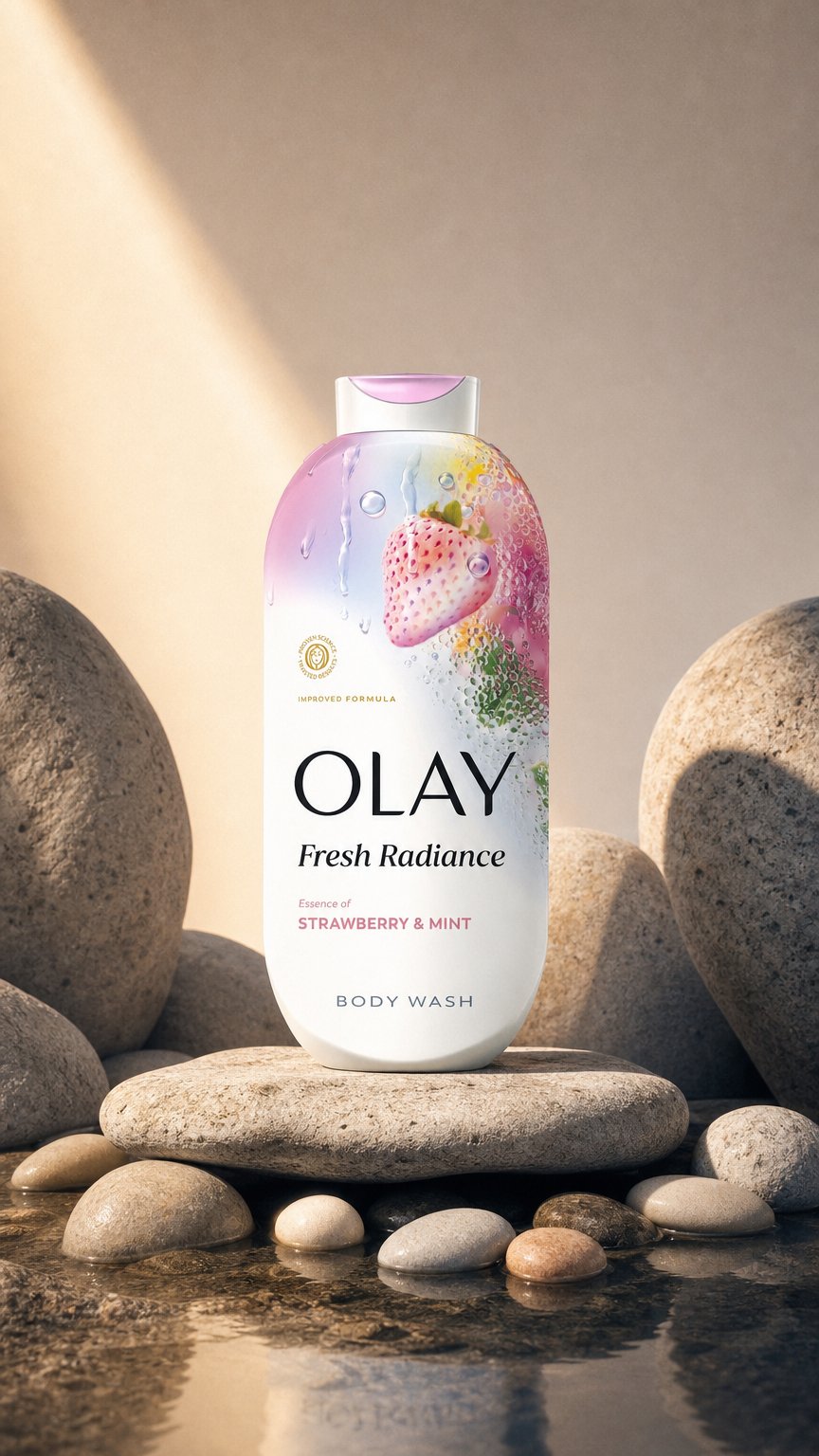 AI product shot of Olay Fresh Radiance Body Wash with Essence of Strawberry and Mint