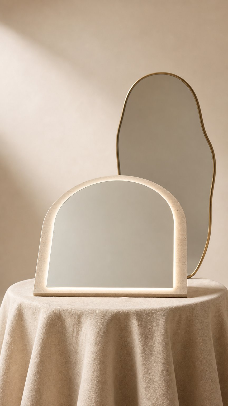 AI product shot of Dubai - Boogvormige Badkamerspiegel 70x100 cm - LED & Anti-Condens