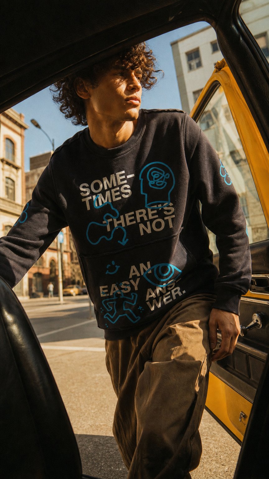 AI product shot of Not an Easy Answer Crewneck