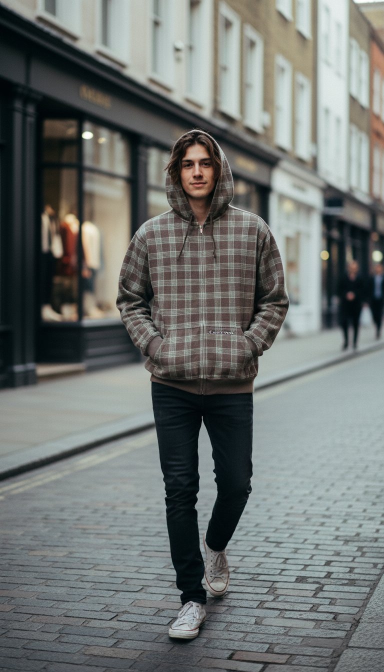 AI product shot of Butter Goods Waffle Zip-Thru Hooded Sweater Plaid