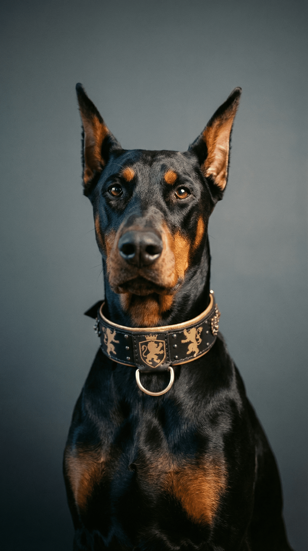 AI product shot of Heraldic Lions Leather Dog Collar