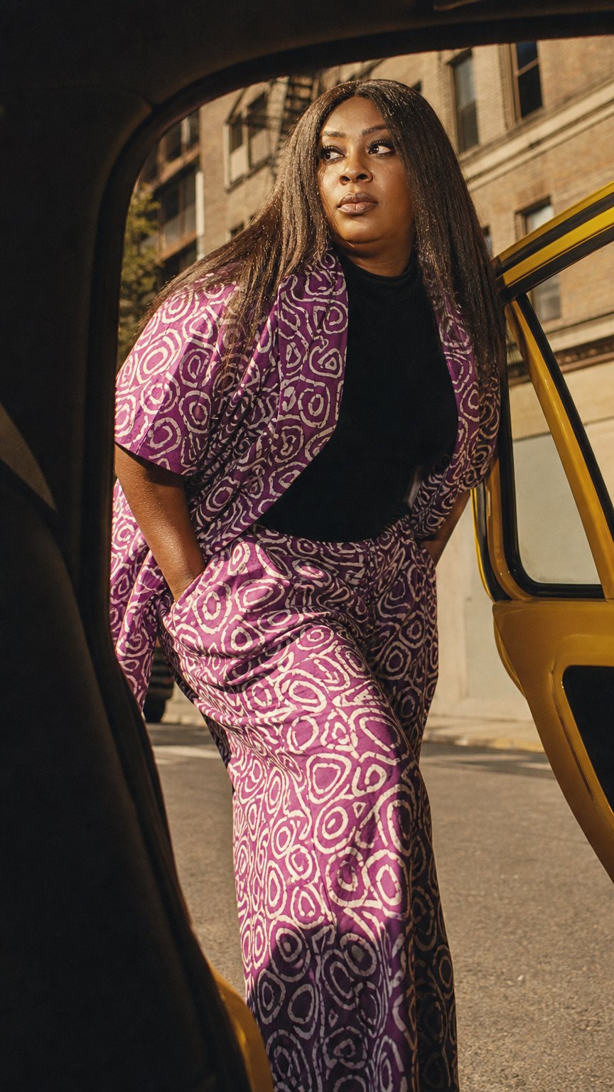 AI product shot of African Print Kimono with Matching Trousers Kimora Kalli