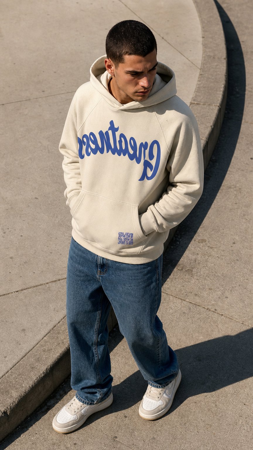 AI product shot of Reflect Greatness, cream and navy