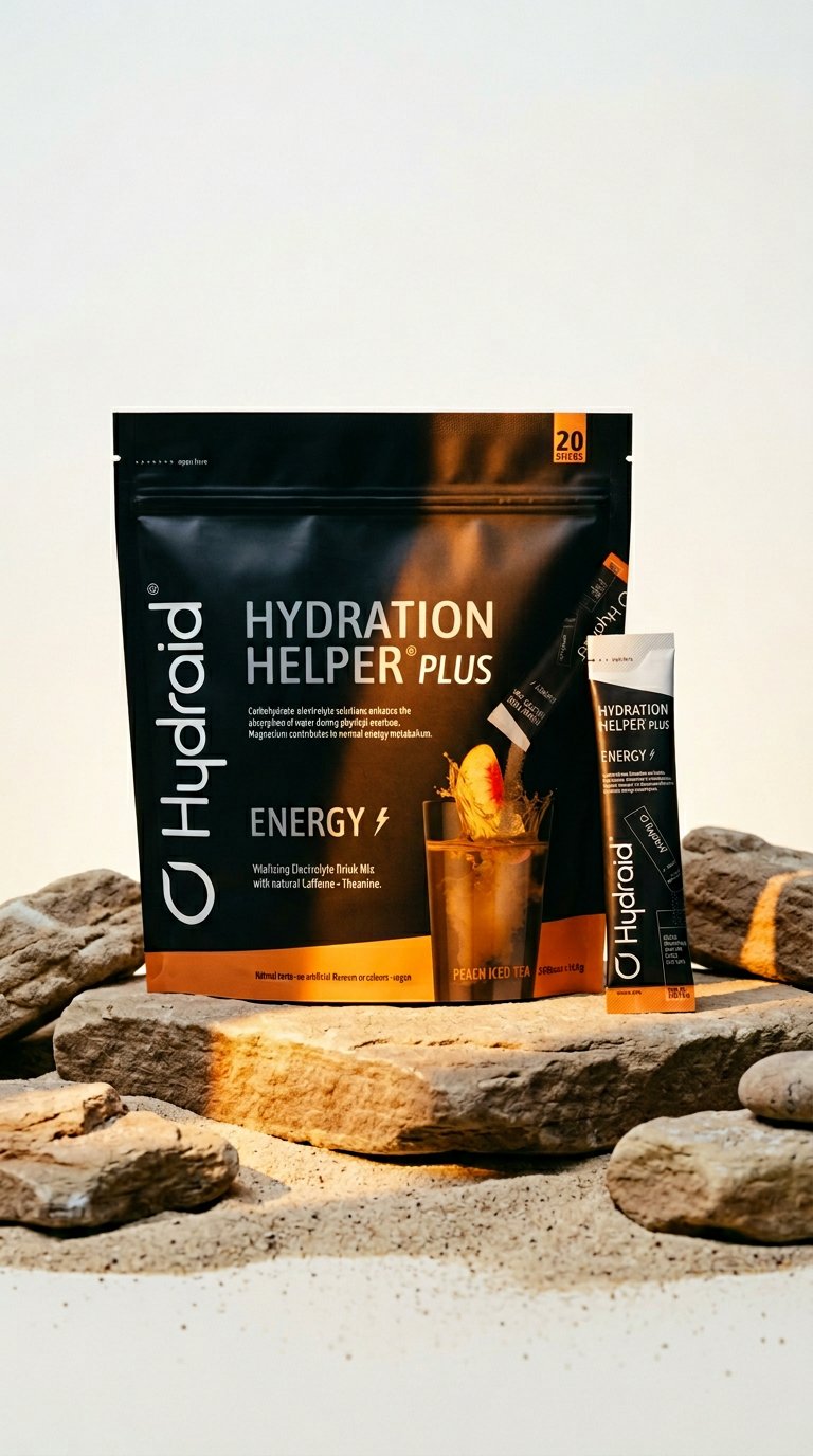AI product shot of Hydration Helper® PLUS Energy Peach Iced Tea