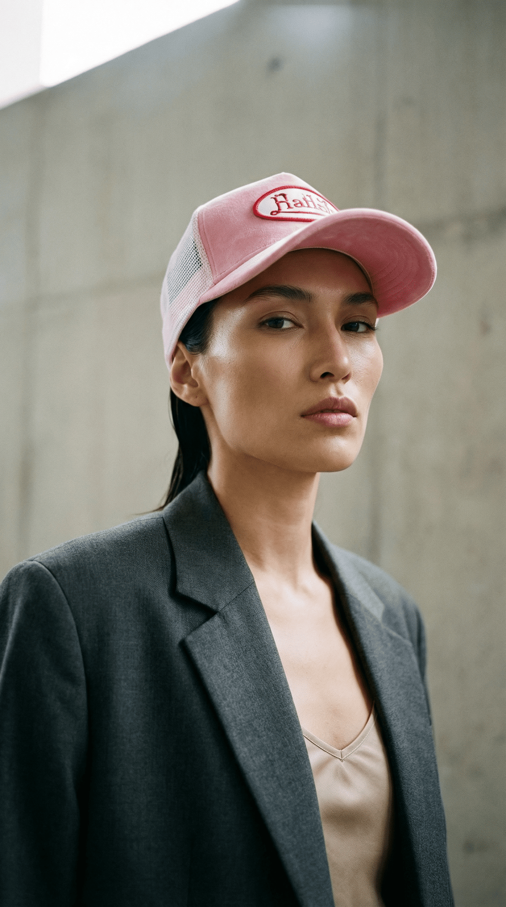 AI product shot of Von Dutch Pink Crush Velvet Trucker Hat