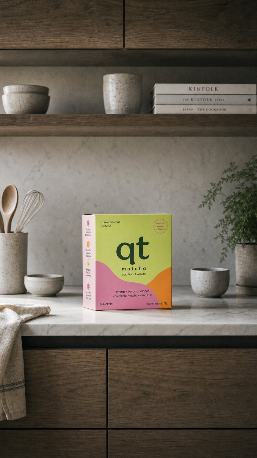 AI product shot of qt matcha ceremonial-grade iron-conscious matcha