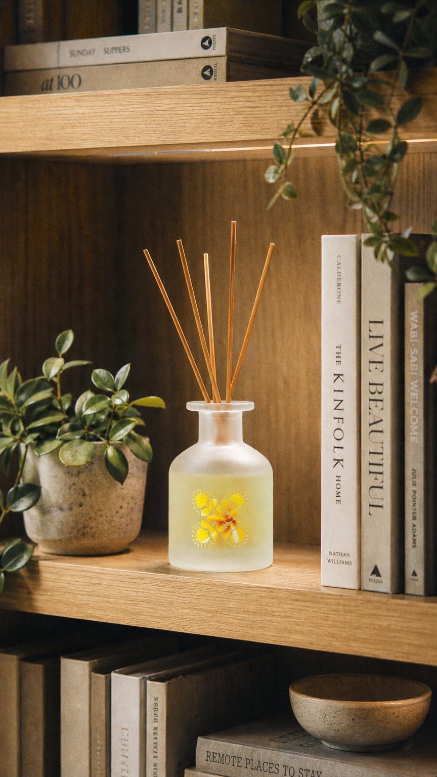 AI product shot of Reed Diffuser Plumeria リードディフューザー　プルメリア