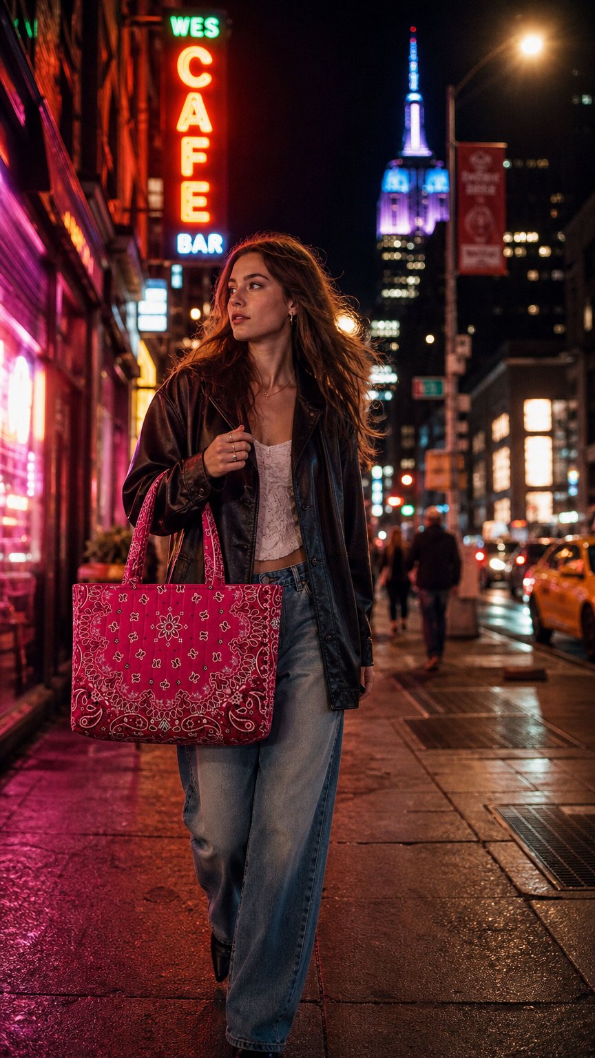AI product shot of Women's shopper bag with inner compartments, pink bandana tote bag, shoulder bag