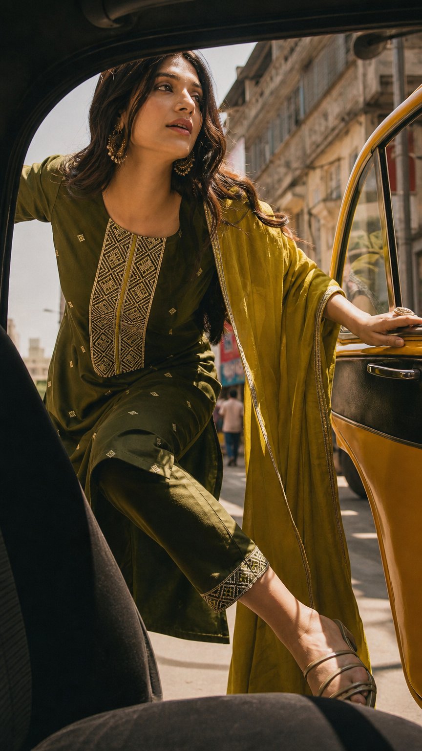 AI product shot of Roman Silk kurti With Fancy Embroidery Work kurti Set