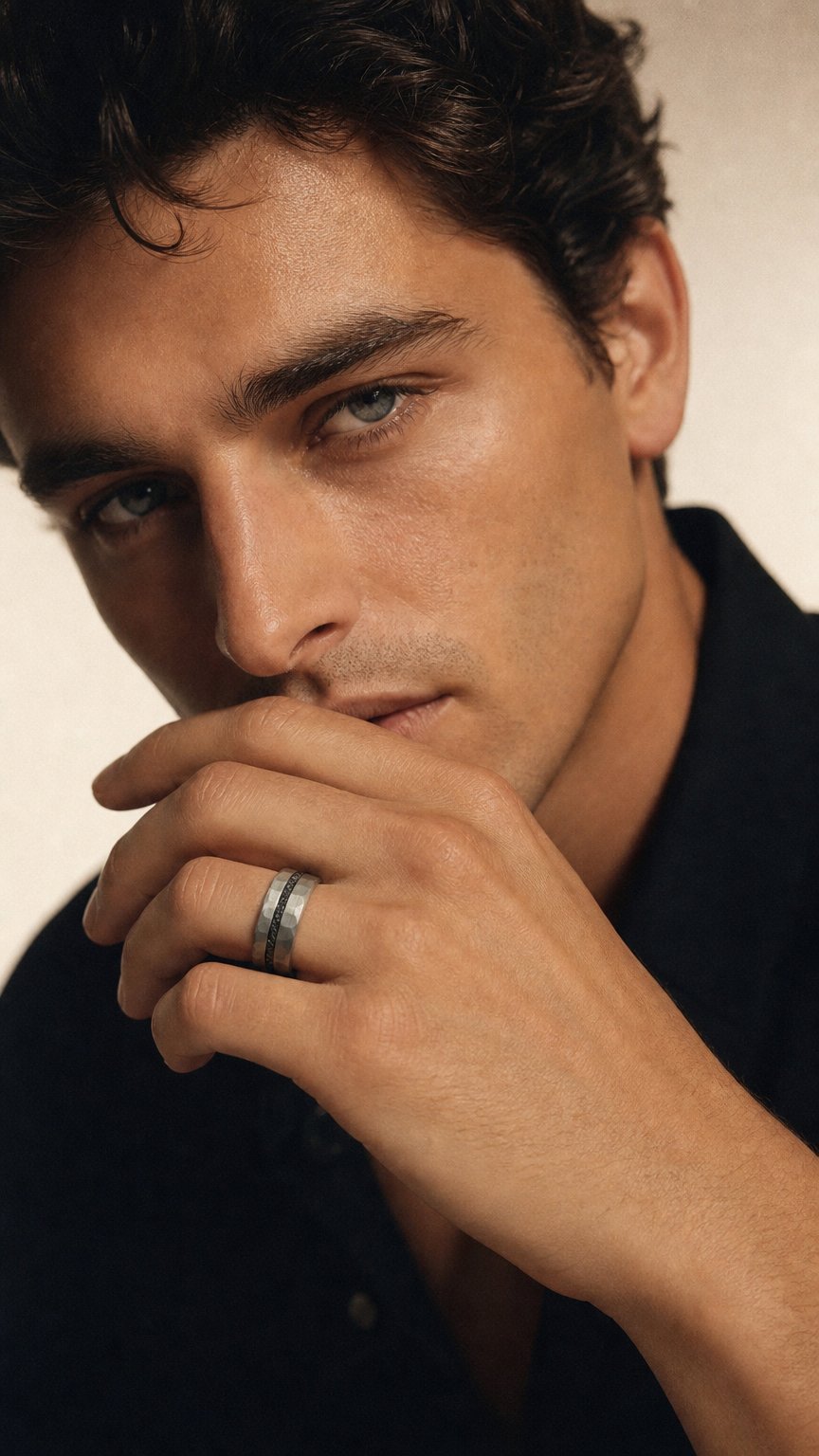 AI product shot of The Astra – Silver Hammered Titanium Ring With Crushed Meteorite (6mm, 8mm)