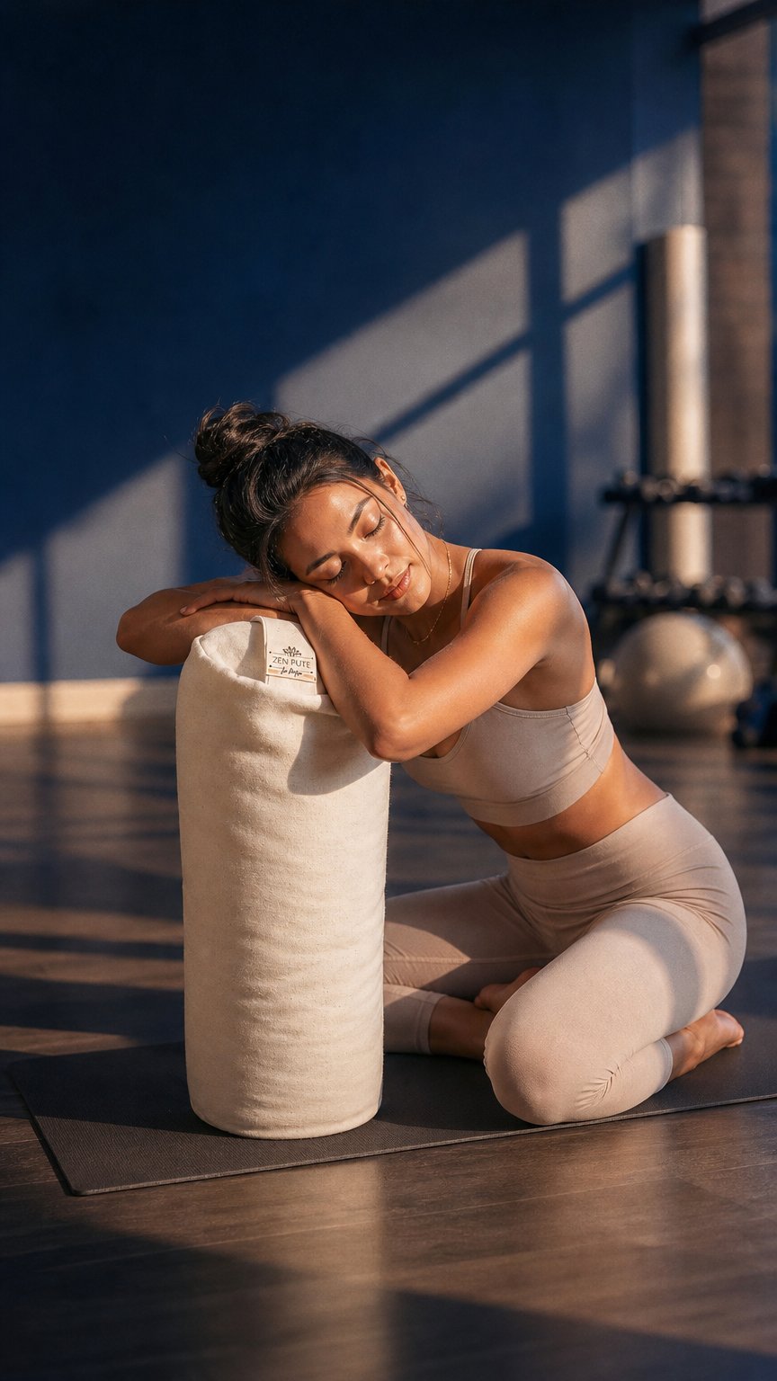 AI product shot of Booster for yoga fylt med bokhveteskall