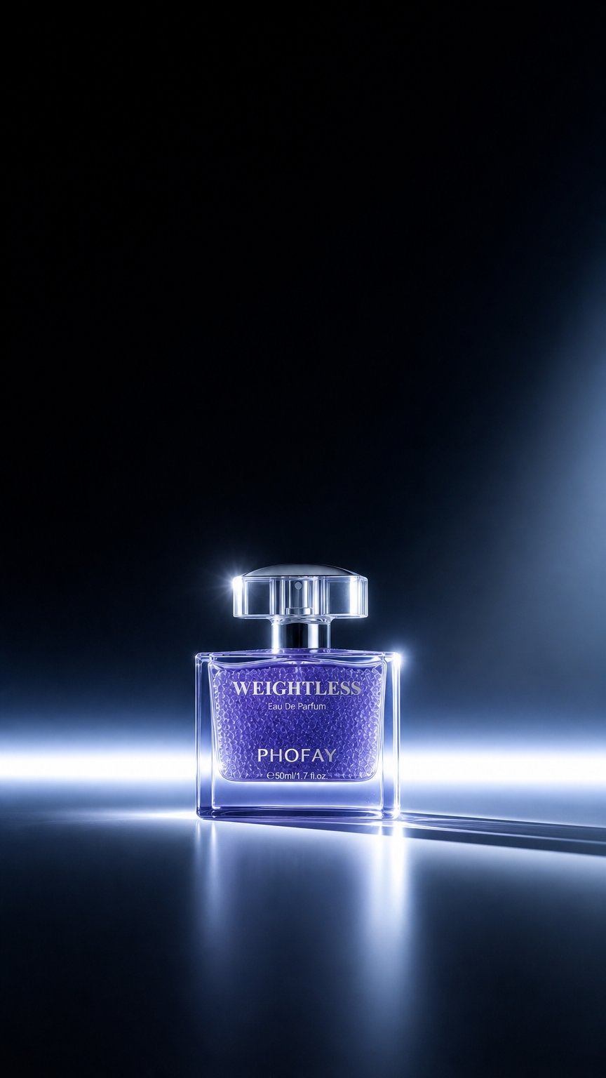 AI product shot of WEIGHTLESS Eau De Parfum A Soft Scent for Quiet Nights.