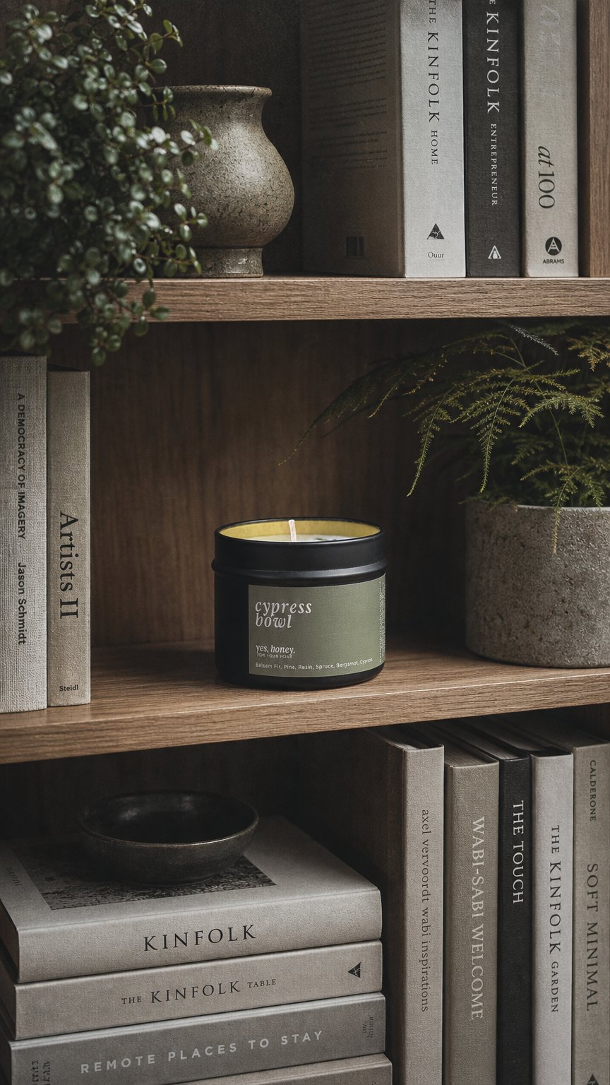 AI product shot of Cypress Bowl Soy Candle \ Balsam Fir, Pine, Resin, Spruce & Citrus