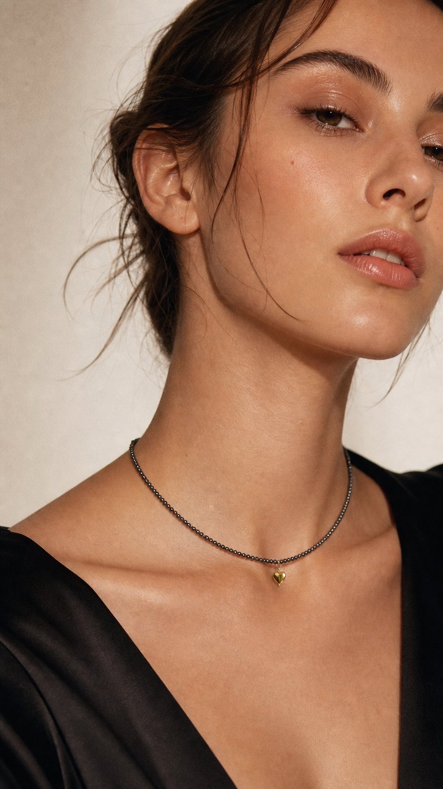 AI product shot of Collana in Ematite Naturale con elemento Charms a Cuore lunga