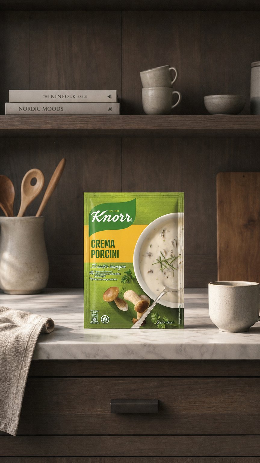 AI product shot of Cream of Porcini Mushroom Soup 76g - Knorr