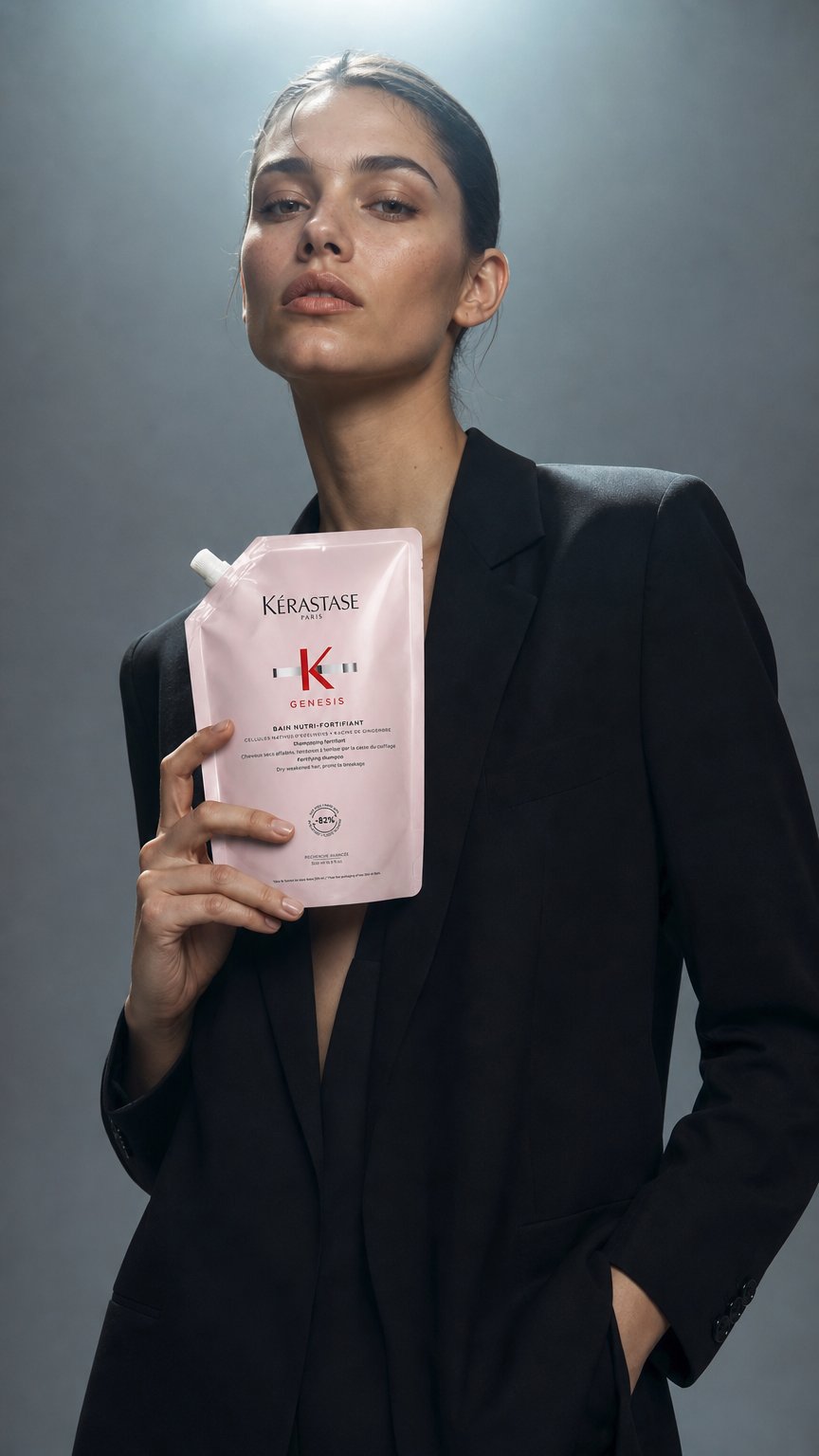 AI product shot of Kerastase Genesis Bain Nutri-Fortifiant Shampoo Refill Pouch 500ml