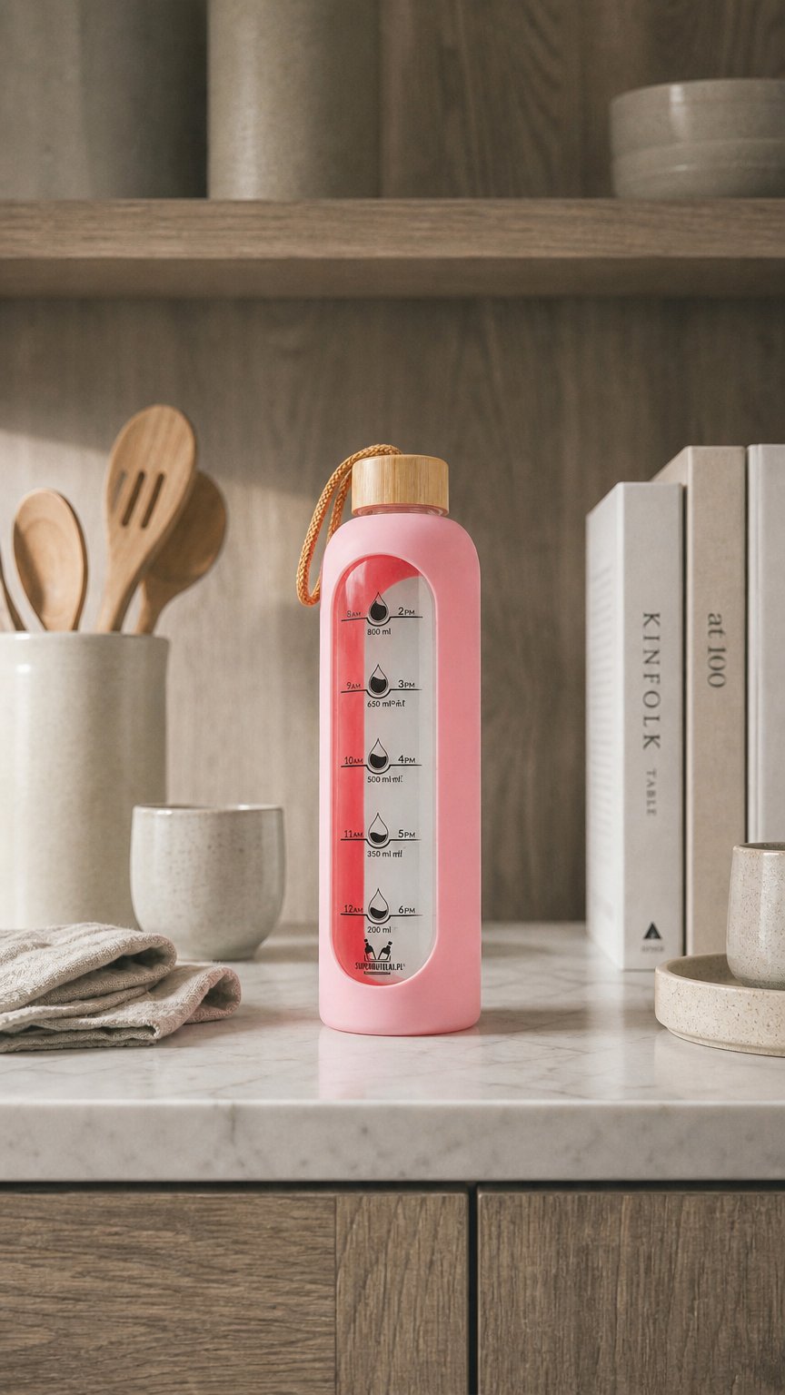 AI product shot of Butelka szklana bidon motywacyjny z miarką 1 L z bambusową zakrętką na wodę, lemoniadę, elektrolity, izotoniki