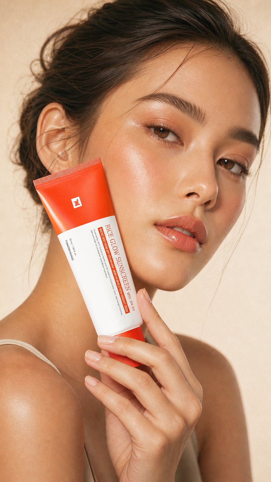 AI product shot of TOSOWOONG Rice Glow Sunscreen, SPF50+ Broad Spectrum Korean Sunscreen for Face, Dewy Finish No White Cast, Glass Skin Hydrating SPF Moisturizer with Rice Water & Hyaluronic Acid, 50ml / 1.69 fl. oz.