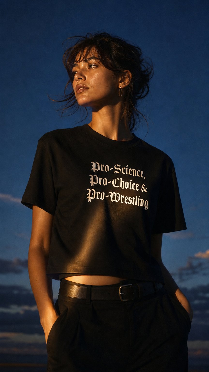 AI product shot of "Pro-Science, Pro-Choice, Pro-Wrestling" Crop Top