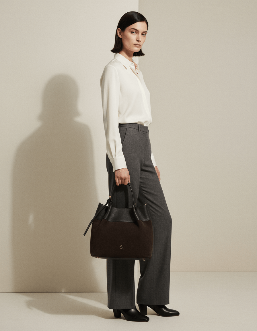 AI product shot of MARISOL SUEDE Borsa a spalla in Suede e Pelle con tracolla regolabile