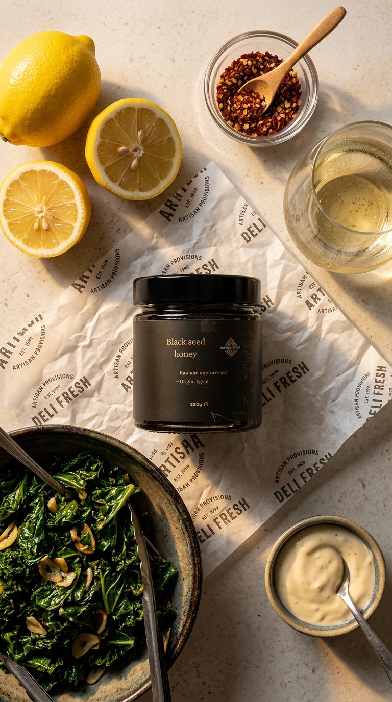 AI product shot of Honey with black cumin from Egypt
