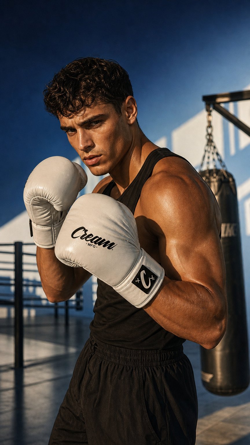 AI product shot of COMBAT CORNER “Cream TJ1” LACE UP TRAINING GLOVES (16oz)