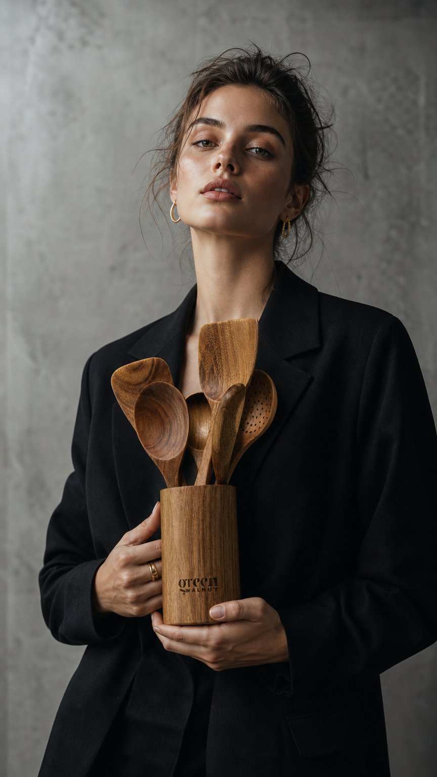 AI product shot of Wooden Acacia Kitchen Utensil - Set of 7