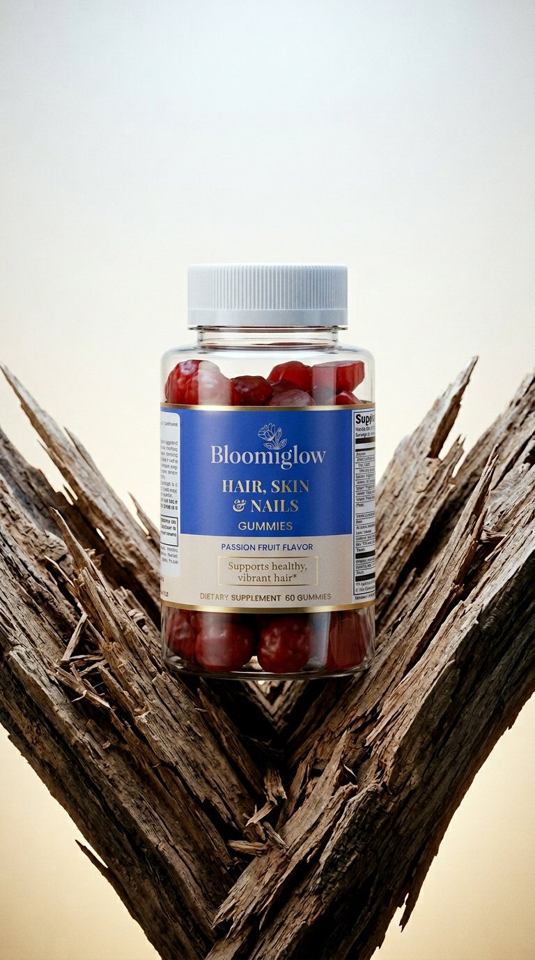 AI product shot of Gummies for Hair, Skin & Nails Reveal your beauty from the inside out."
