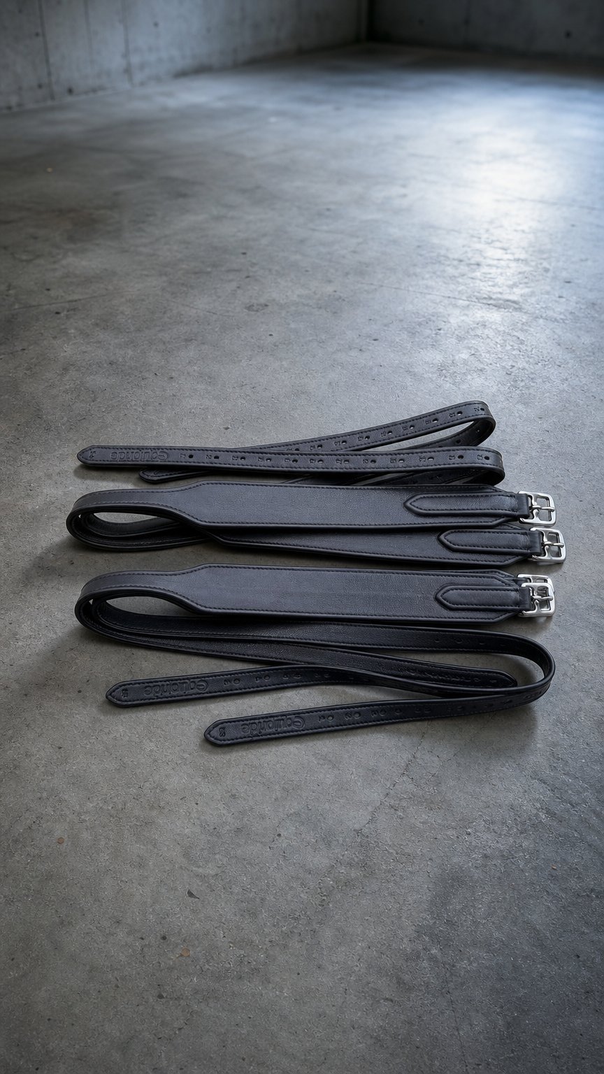 AI product shot of Wide Softy Cow Leather Jumping Stirrup - Nylon Core, Silver Buckle, Black & Brown Leather