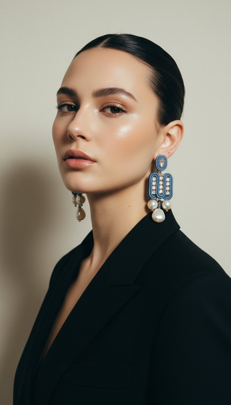 AI product shot of Handmade Soutache Earrings with Pearls – Gray & Gold Statement Dangle Earrings