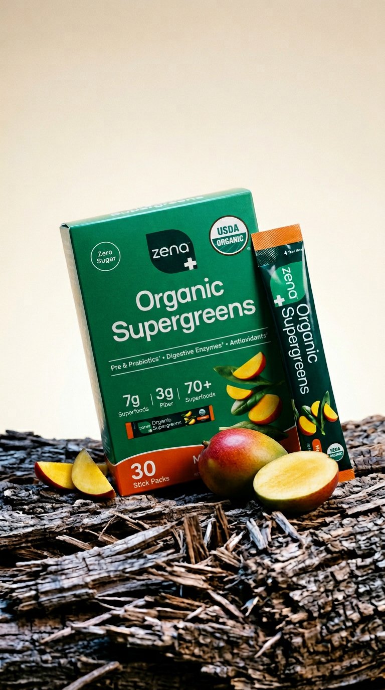 AI product shot of Zena Nutrition Organic Supergreens Powder - Mango