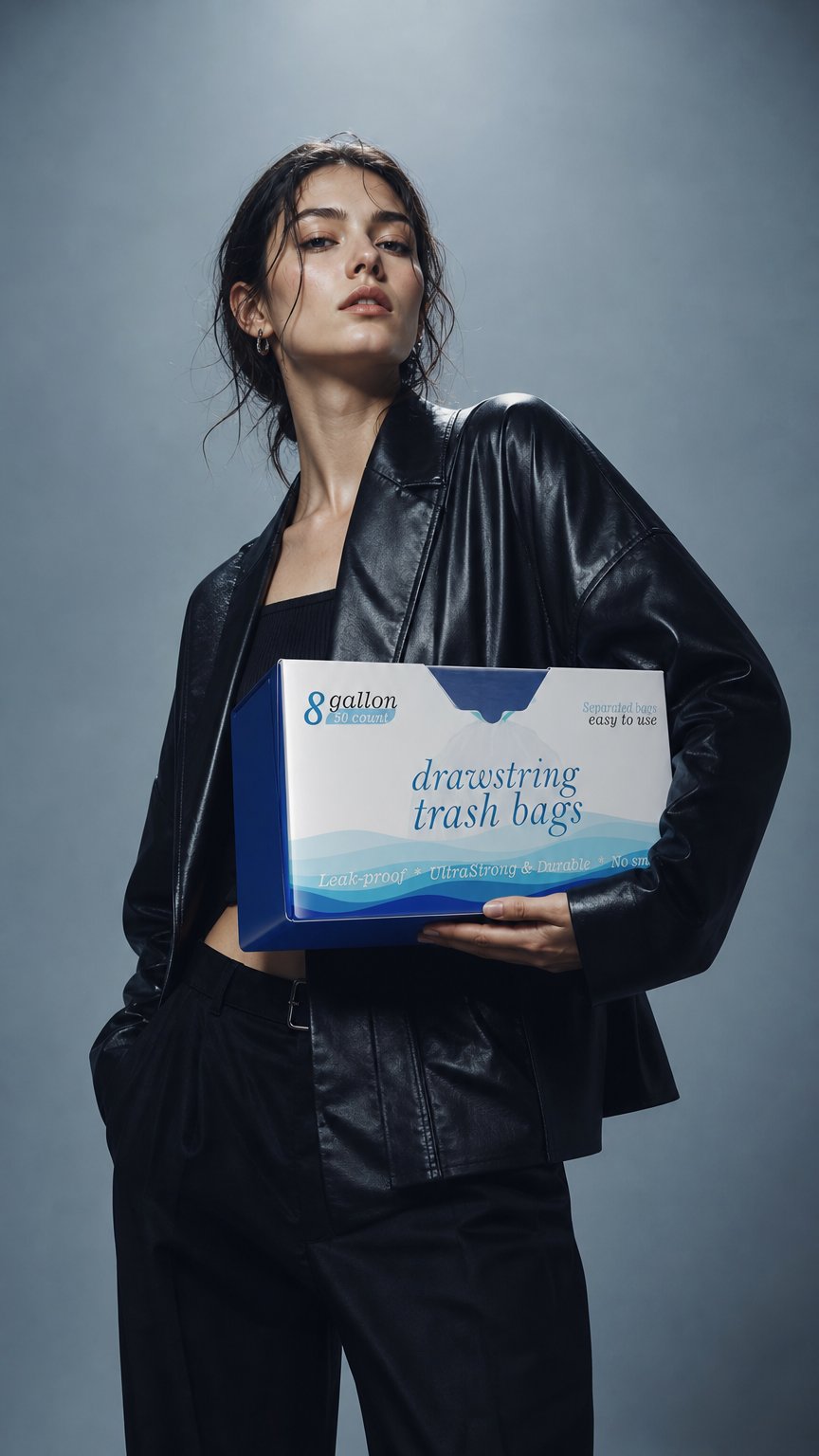 AI product shot of 8 Gallon Drawstring Garbage Bags 0.8 Mil Ultra Strong Medium Kitchen Trash Bags Medium Plastic Bags - Individual, Unscented, White, 23"x27", 50 Count