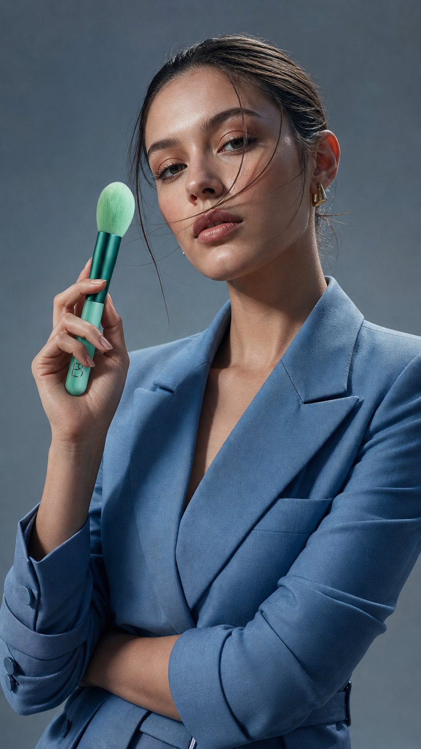 AI product shot of Single Powder Brush + PU Pouch