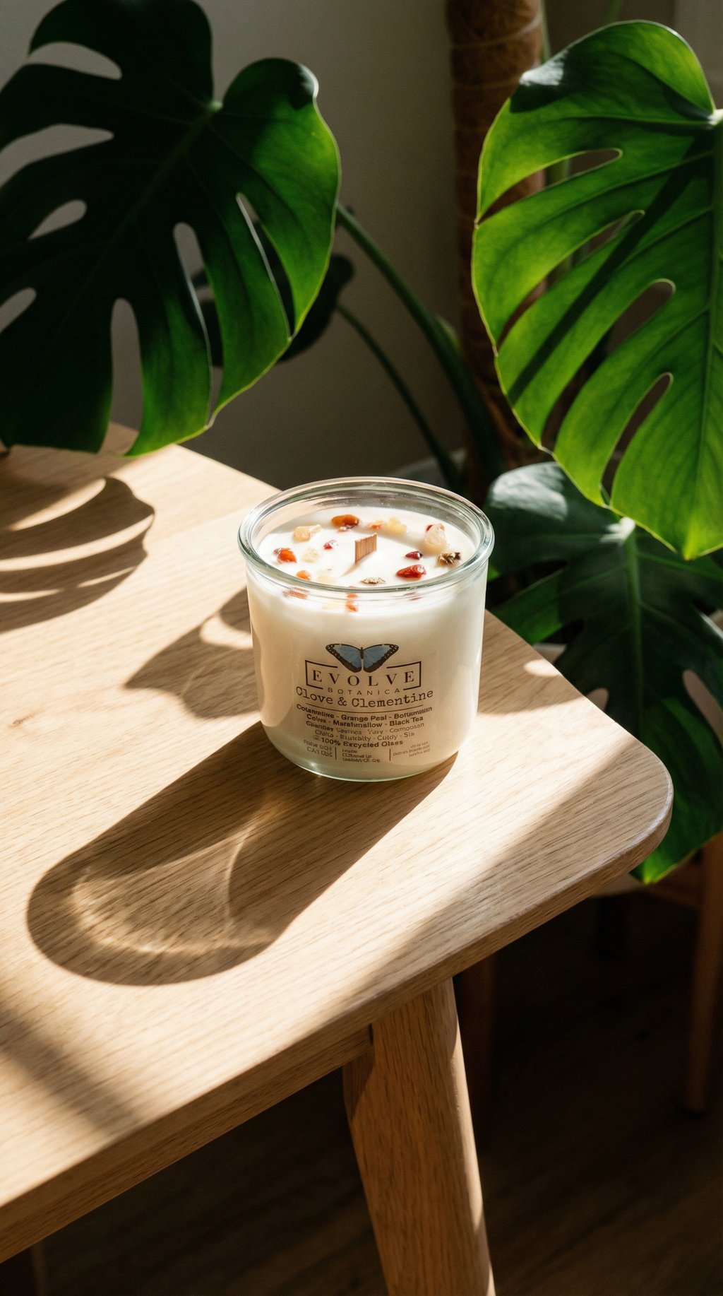 AI product shot of Rocks Candle - Clove & Clementine (Wood Wick, Carnelian & Citrine, Soy Candle)