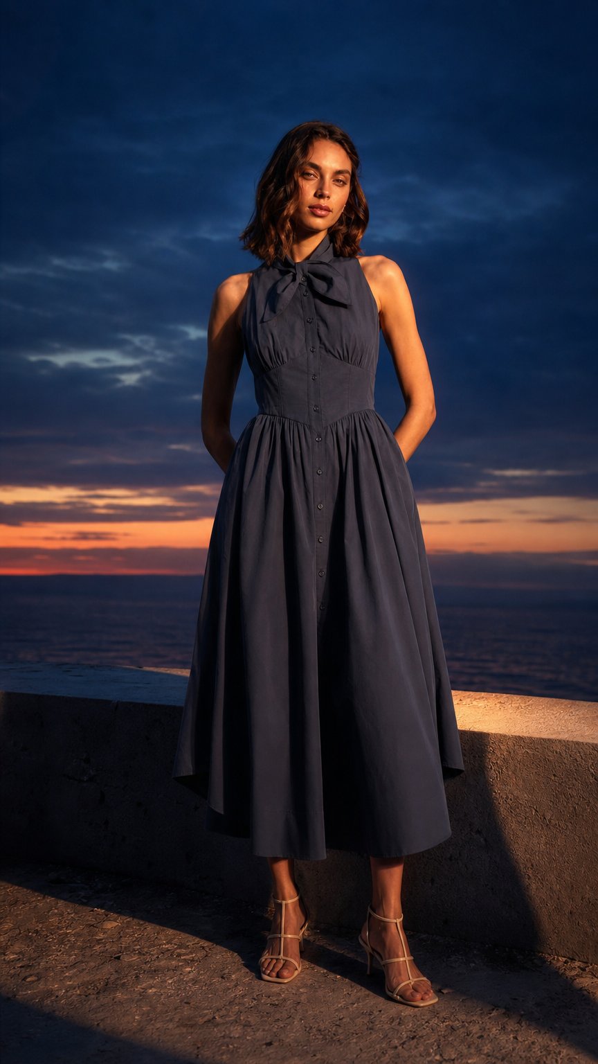 AI product shot of Cotton Poplin Tie Neck Midi Dress