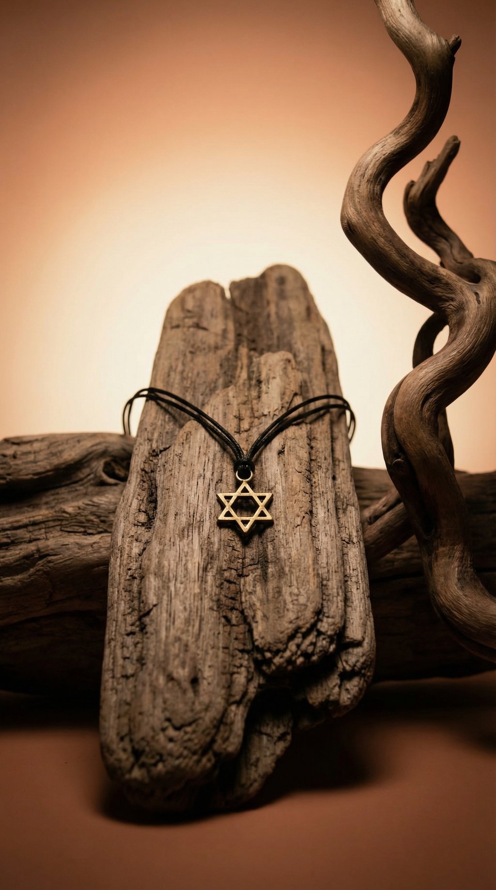 AI product shot of Star of David necklace for men with black cord and bronze pendant a Jewish gift for him
